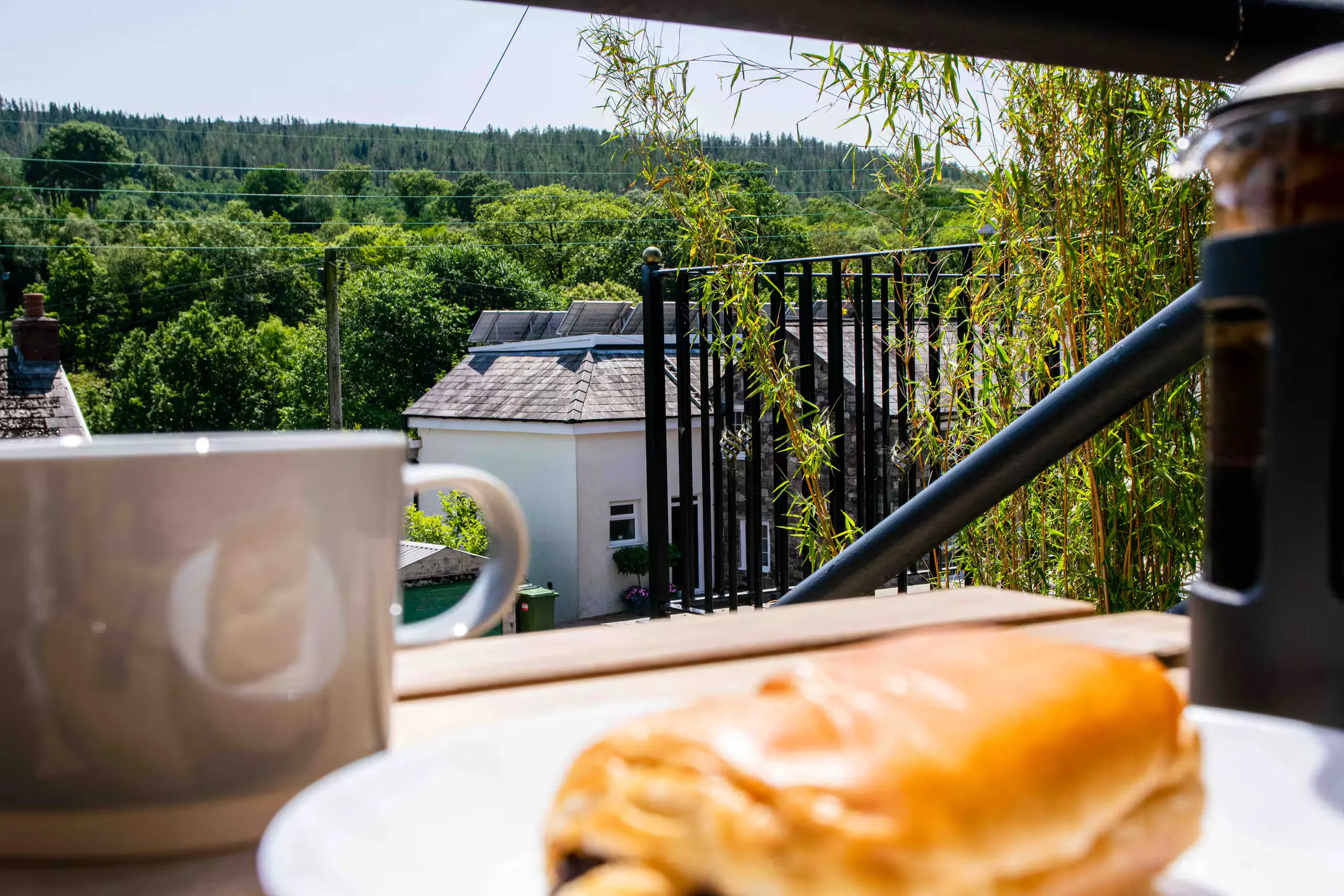 Morning coffee and a pastry on the balcony, looking out over the forested valley
