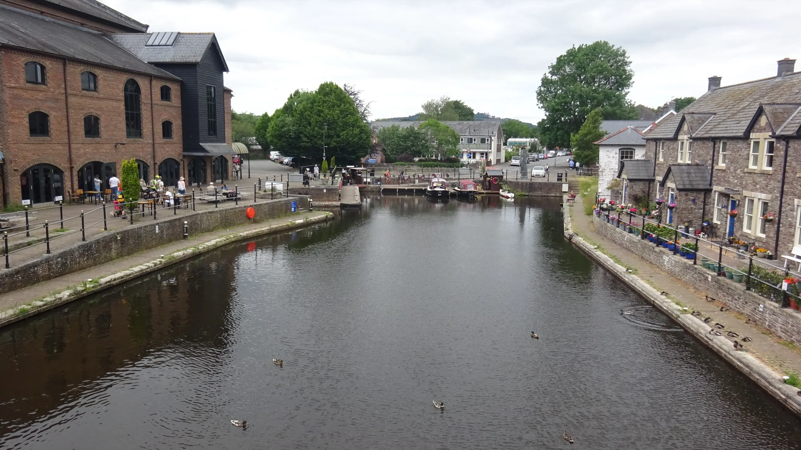Moored narrowboats on the Brecon canal basin