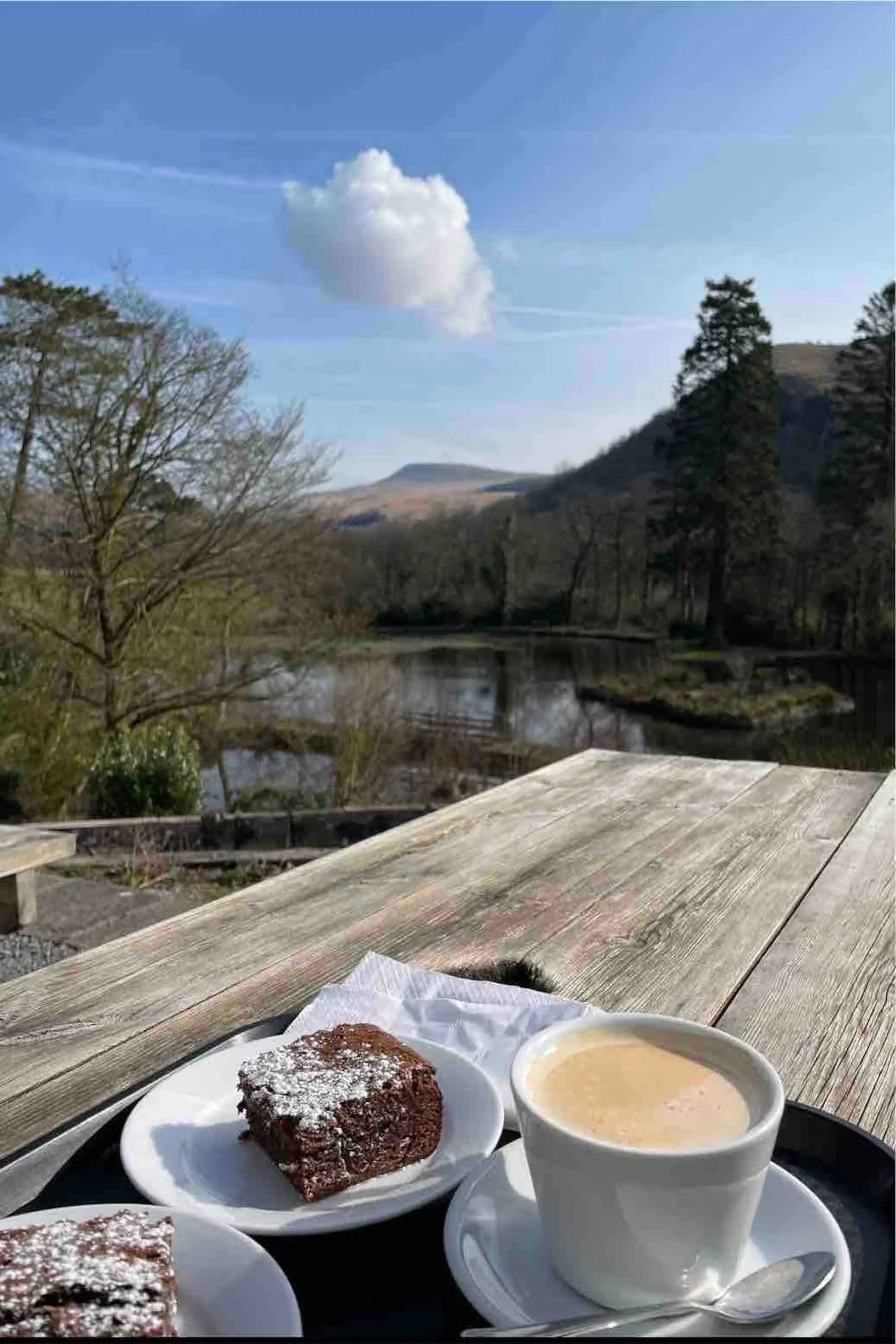 Coffee and brownies on a picnic table beside the lake at Craig-y-Nos Country Park